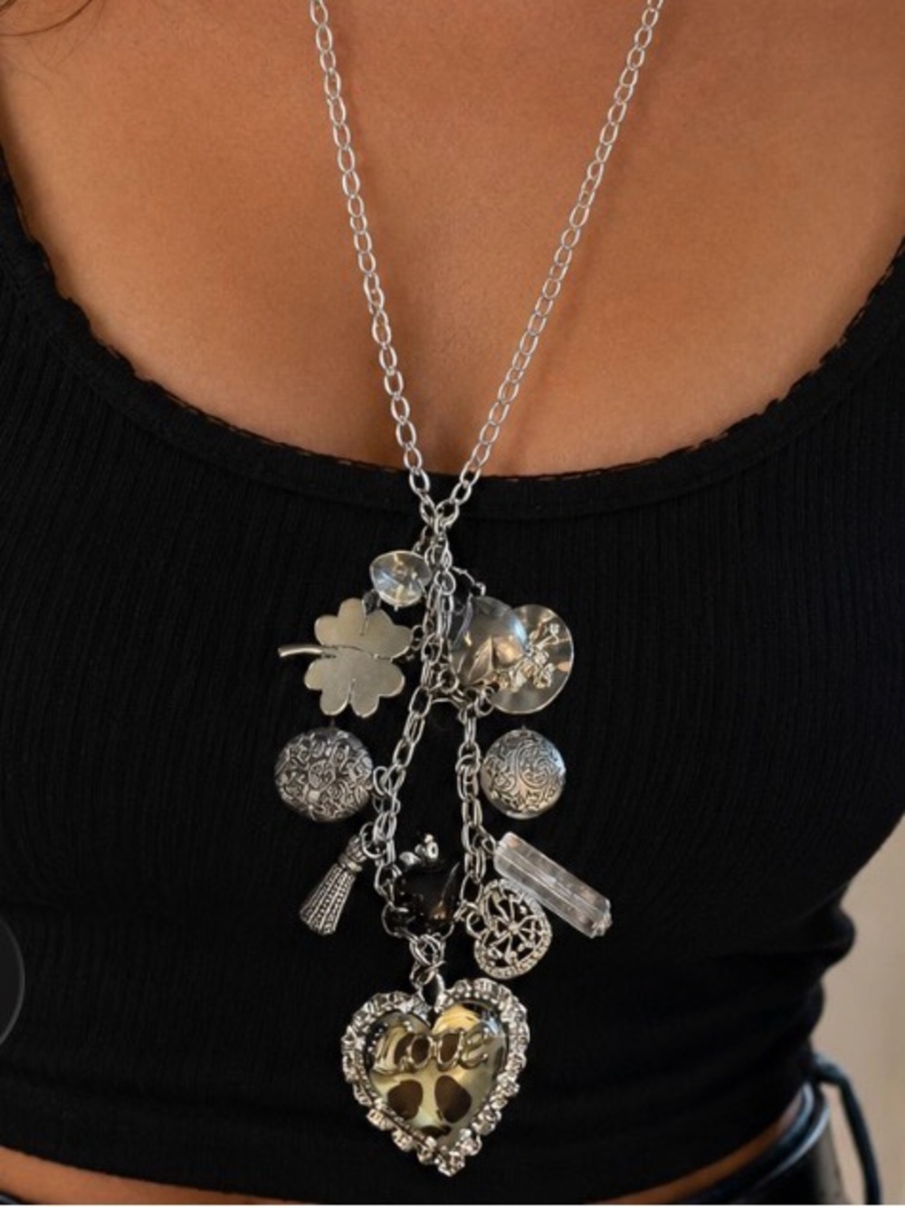 Silver Tone Heart Charm Dangle Necklace with 'Love' Pendant